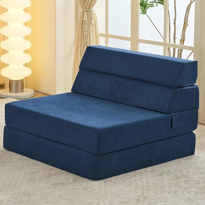 jela Foldable Sofa Bed Soft Foam Convertible Sleeper Chair Luxury Miss Fabric Fold Out Chair Bed Floor Couch with Back Support Floor Sofa for Living Room Bedroom (83"x33",Navy)-Ruum Studio Home