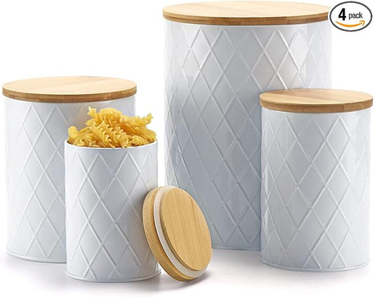 White Kitchen Canisters Set with Bamboo Lids, Airtight Sugar, Flour, Coffee, Cookie Storage Canister Sets for kitchen Countertop, Farmhouse kitchen decor, 4 Pack-Ruum Studio Home