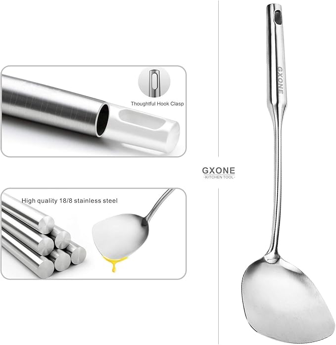 Wok Spatula Stainless Steel, Wide Metal Spatula with Hollow Long Handle Wok Utensils,Silver/14.7Inch-Ruum Studio Home