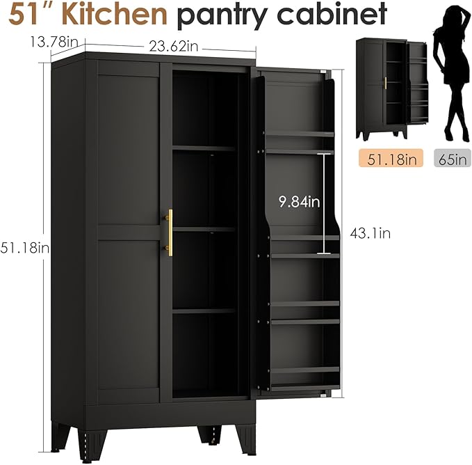 51" Kitchen Pantry Cabinet, Metal Storage Cabinet with 3 Adjustable Layer Shelves, 8 Door Shelves, Buffet Sideboard for Living Room, Kitchen, Black-Ruum Studio Home