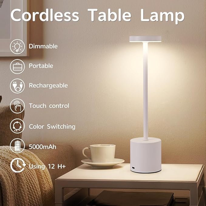Cordless Table Lamp, 5000mAh Rechargeable Battery Powered LED Desk Lamp, Portable Touch Control Outdoor Table Lamps,3 Color Dimmable Light for Restaurant, Patio, Bedroom, Night Lamp (White)-Ruum Studio Home