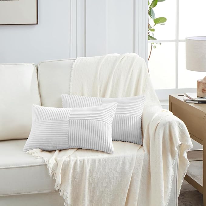 Fancy Homi 2 Packs White Long Lumbar Decorative Throw Pillow Covers 12x24 Inch for Couch Bed Sofa, Rustic Farmhouse Boho Home Decor, Soft Striped Corduroy Rectangle Accent Cushion Case 30x60 cm-Ruum Studio Home