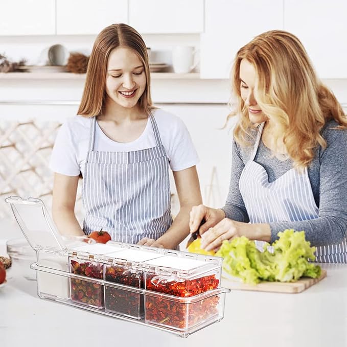 Clear Seasoning Box 4 PCS/Set, Acrylic Seasoning Rack Seasoning Storage Container Condiment Jar Spice Box Spice Jar Spice Pot Spice Rack with Spoon & Lid & Tray for Salt Pepper Sugar (#A)-Ruum Studio Home