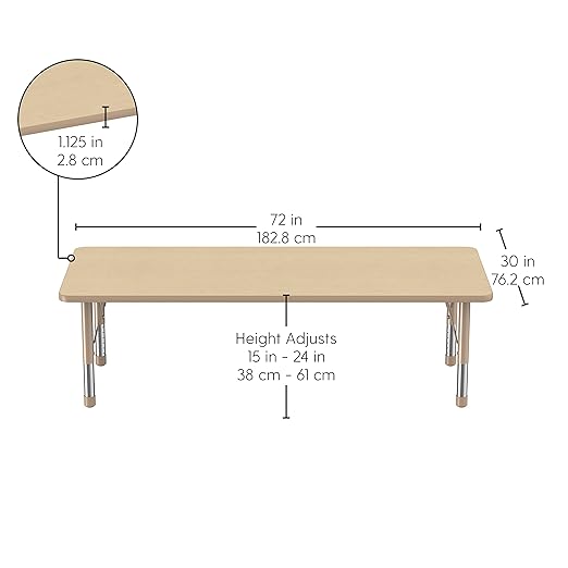 FDP Rectangle Activity School and Classroom Kids Table (30 x 72 inch), Chunky Sand Toddler Leg, Adjustable Height 15-24 inches - Maple Top and Maple Edge-Ruum Studio Home