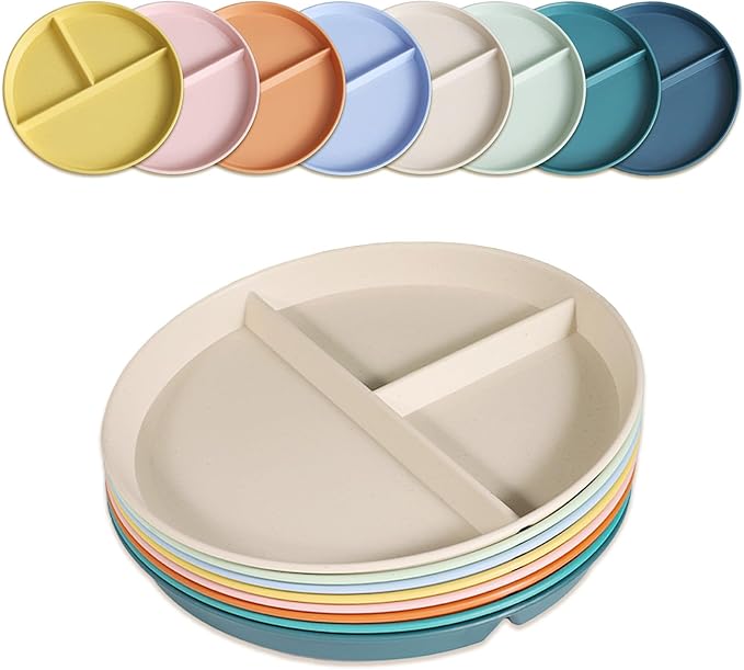 Divided Plates for Adults (8 Packs), Unbreakable Portion Control Plate Sectioned with Dividers, 9 Inch Plastic Food Separator Dinner Plates Lightweight Compartment BPA Free Reusable Microwave Safe-Ruum Studio Home