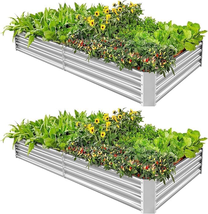 Land Guard 2 Pack 8×4×1ft Galvanized Metal Raised Garden Bed, Metal Planter Kit Box Outdoor for Deep-Rooted Vegetables, Flowers, Green and Herbs…-Ruum Studio Home