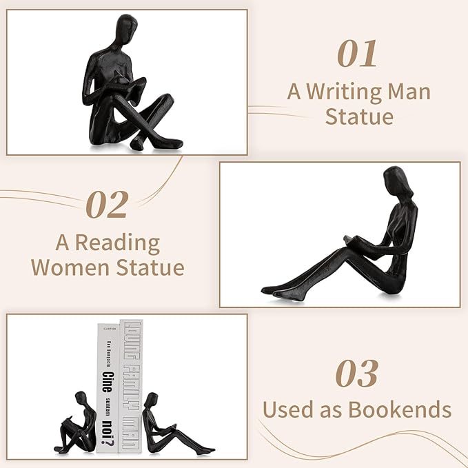Sziqiqi Book Ends for Shelves Decorative - Cast Iron Bookends for Books Reading Couple Bookshelf Decorative Objects Metal Modern Statue Sculpture Gift for Readers Book Lovers Nerd-Ruum Studio Home