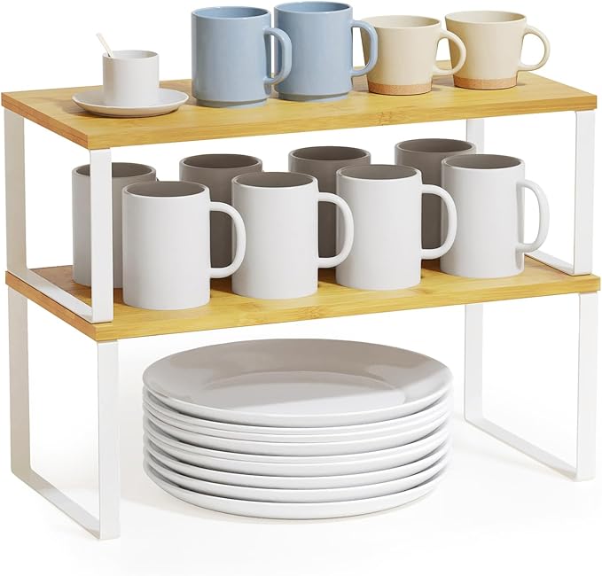 SpaceAid Cabinet Shelf Organizers 2 Pack, Kitchen Counter Rack Shelves Riser, Stackable Expandable Spice Rack, Pantry Cupboard Storage Organization (White and Natural, Long)-Ruum Studio Home