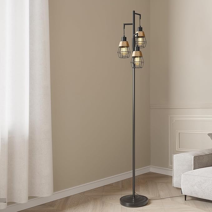 Oneach 68" Floor Lamps for Living Room, Stepless Dimmable Boho Floor Lamp with 3 Bulbs, Tall Farmhouse Industrial Corner Standing Tree Lamp for Bedroom, Office, Study Room, Dining Room, Black-Ruum Studio Home