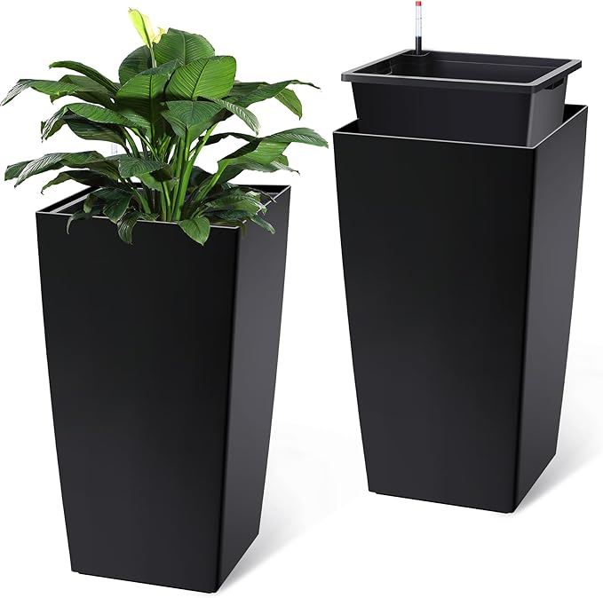 30" Tall Planters Set of 2, Outdoor＆Indoor Black Planter Pots, High Front Porch Planter Pots with Drainage Holes＆Water Level Monitor Movable Wheels ＆Inner Bucket, Automatic Watering,Black-Ruum Studio Home