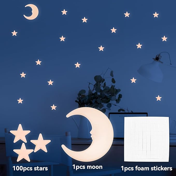 100 Stars and 1 Moon Glow in The Dark Luminous Fluorescent 3D Plastic Glow Stars Moon for Ceiling, Glowing Wall Stickers Create a Realistic Starry Sky, Room Decorations (Pink)-Ruum Studio Home