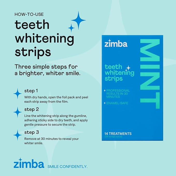 Zimba Teeth Whitening Strips Vegan Whitening Strip Enamel Safe Teeth Whitening Hydrogen Peroxide Teeth Whitener for Coffee, Wine, Tobacco, and Other Stains, 28 Strips (14 Day Treatment), Mint-Ruum Studio Home