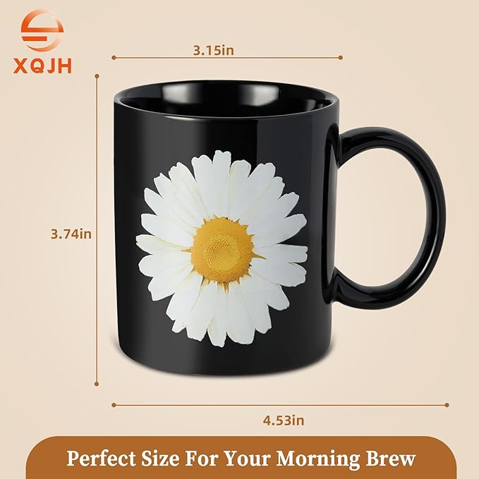 12Oz Daisy Black Ceramic Mug, Mug for Daily Coffee and Tea, Lead-free, Microwave and Dishwasher Safe Coffee Mug, Perfect gifts for women and men-Ruum Studio Home