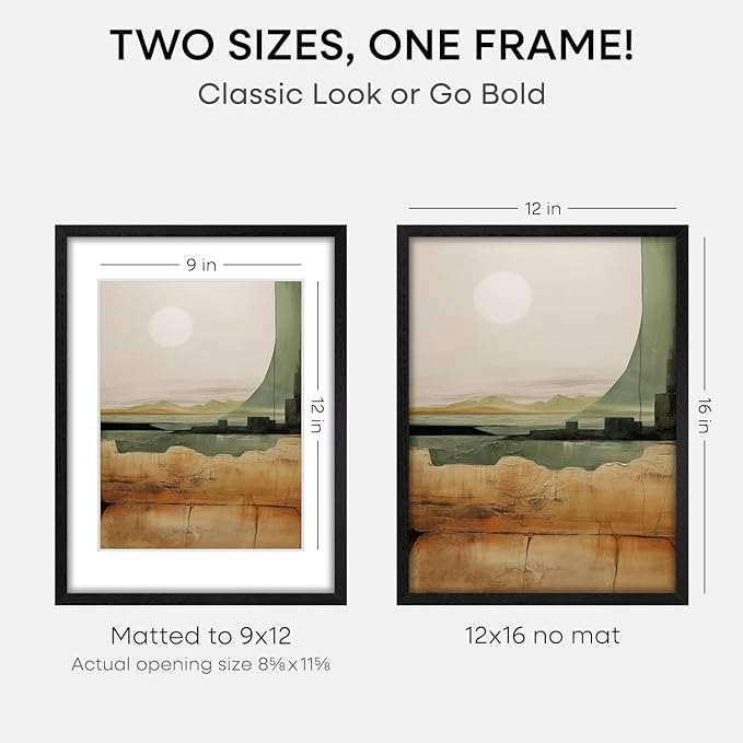 Homeforia 12x16 Black Wood Picture Frame, High End Oak 12x16 Poster Frames with Mat 9x12 Print, 12 x 16 Black Wooden Frame Matted to 9 by 12 Photo, 16x12 Thin Frame, Tempered Glass, Wall Kit, Set of 1-Ruum Studio Home