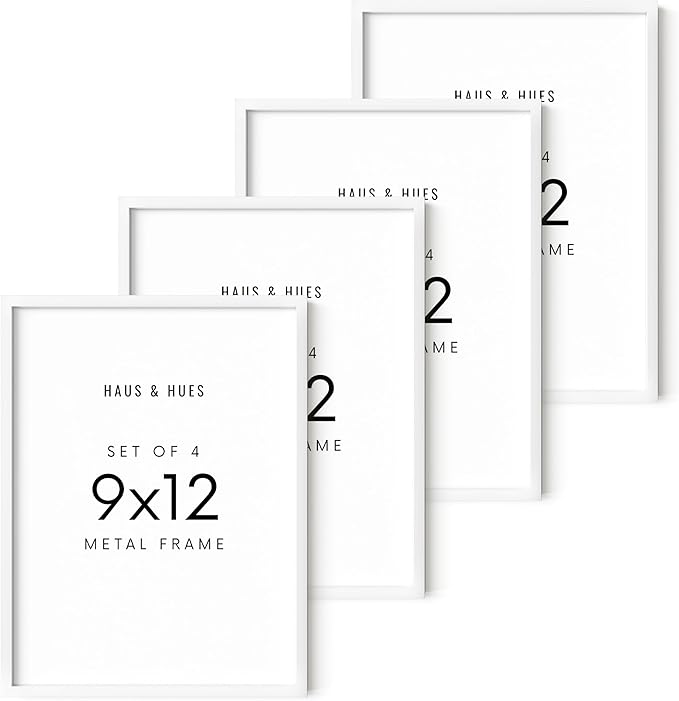 HAUS AND HUES 9x12 White Metal Picture Frames - Features Premium Aluminum, Vertical & Horizontal Hang, Shatterproof Plexiglass - Perfect for Home, Room, Office (9x12 in, White, Set of 4)-Ruum Studio Home