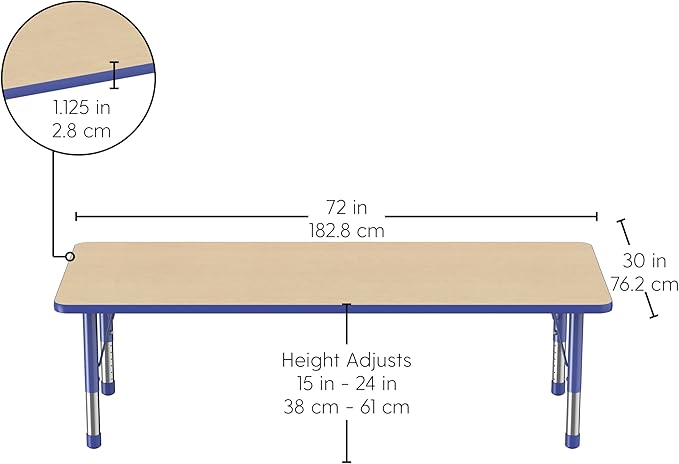 FDP Rectangle Activity School and Classroom Kids Table (30 x 72 inch), Chunky Toddler Leg, Adjustable Height 15-24 inches - Maple Top and Blue Edge-Ruum Studio Home
