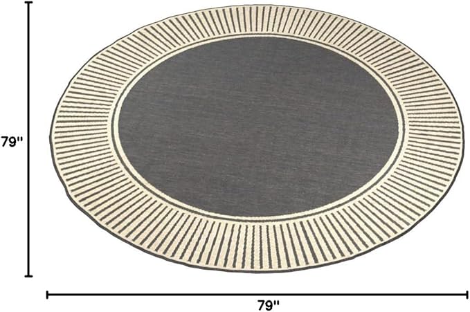 nuLOOM 6'7" Round Outdoor Area Rug, Casual Design With Striped Border, Stain Resistant, Highly Durable, For Patio, Balcony, Bedroom, Living Room, Dining Room, Bathroom, Dark Grey-Ruum Studio Home