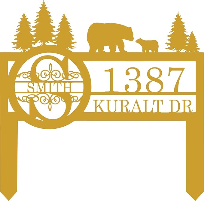 Personalized Custom Bear Wildlife Decor with Metal Stake - Address House Number Name Sign for Farmhouse, Yard, Camping-Ruum Studio Home