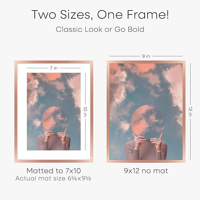 Homeforia 9x12 Rose Gold Frame, High End Metal 9 x 12 Picture Frames with Mat 7 by 10 inch Photo, 9by12 Poster Frame Matted to 7x10 Art, 12x9 Wall or Tabletop Frame, Tempered Glass, Wall Kit, Set of 1-Ruum Studio Home