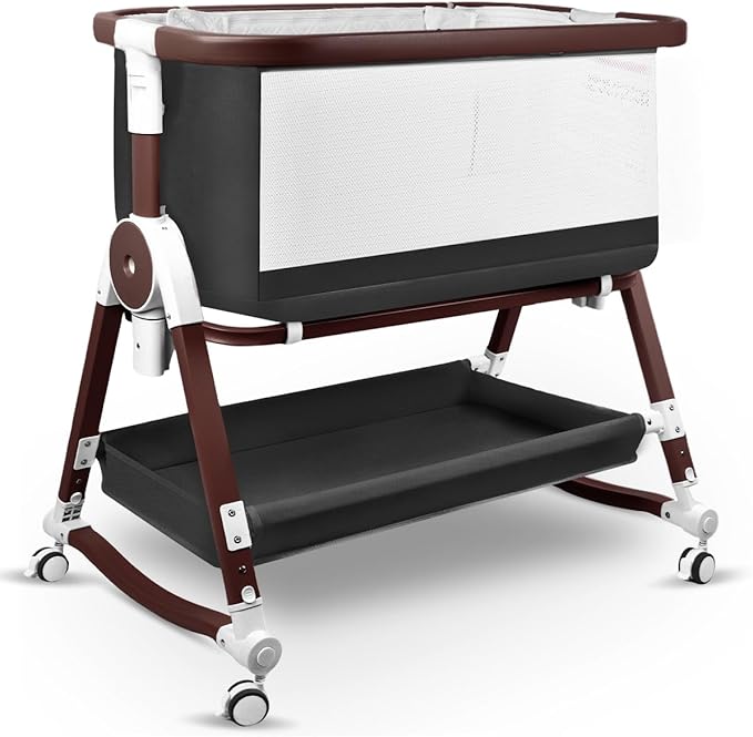 4 in 1 Baby Bassinet, Bassinets Bedside Sleeper with Wheels and Storage Basket, Adjustable 7 Heights Bedside Sleeper with Mosquito Net, Breathable Mesh Rocking Bassinet for Baby-Ruum Studio Home