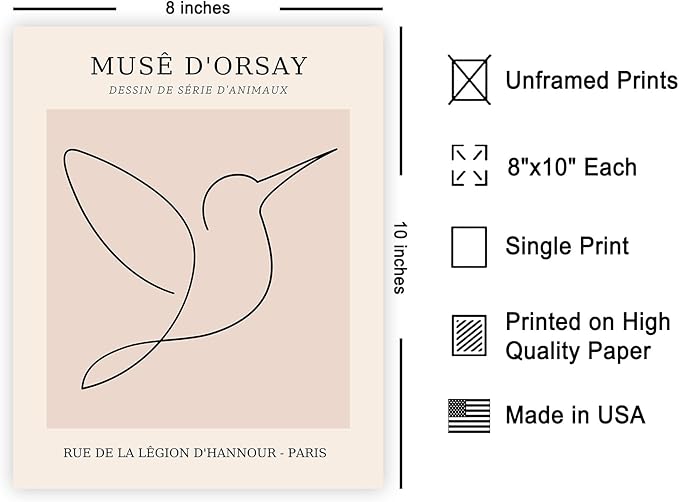 Poster Master Vintage Poster - Retro One Line Hummingbird Drawing Print - Bird Line Art - Minimal Gift for Him, Her, Animal Lover - Abstract Decor for Home, Office - 8x10 UNFRAMED Wall Art-Ruum Studio Home