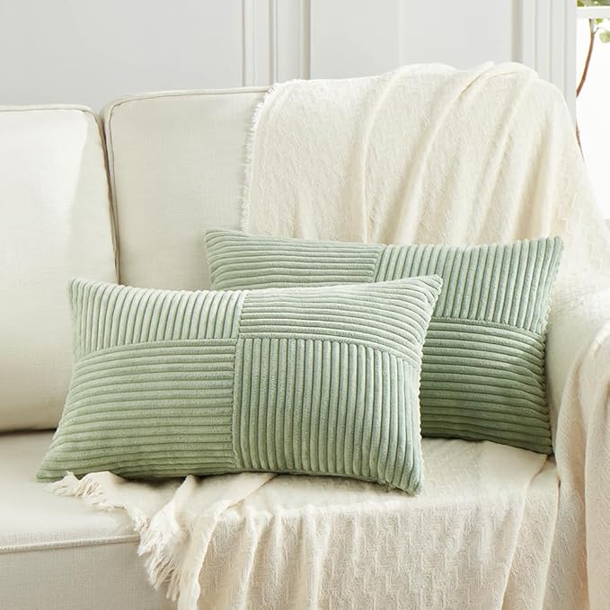 Fancy Homi 2 Packs Sage Green Lumbar Decorative Throw Pillow Covers 12x20 Inch for Living Room Couch Bed, Rustic Farmhouse Boho Home Decor, Soft Striped Corduroy Rectangle Accent Cushion Case 30x50 cm-Ruum Studio Home