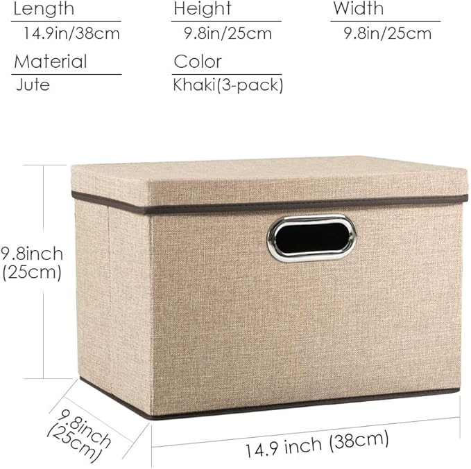 PRANDOM Collapsible Storage Cubes with Lids [3-Pack] Jute Fabric Foldable Storage Boxes Organizer Containers Baskets Bins with Cover for Home Bedroom Closet Office Nursery (14.9x9.8x9.8)-Ruum Studio Home