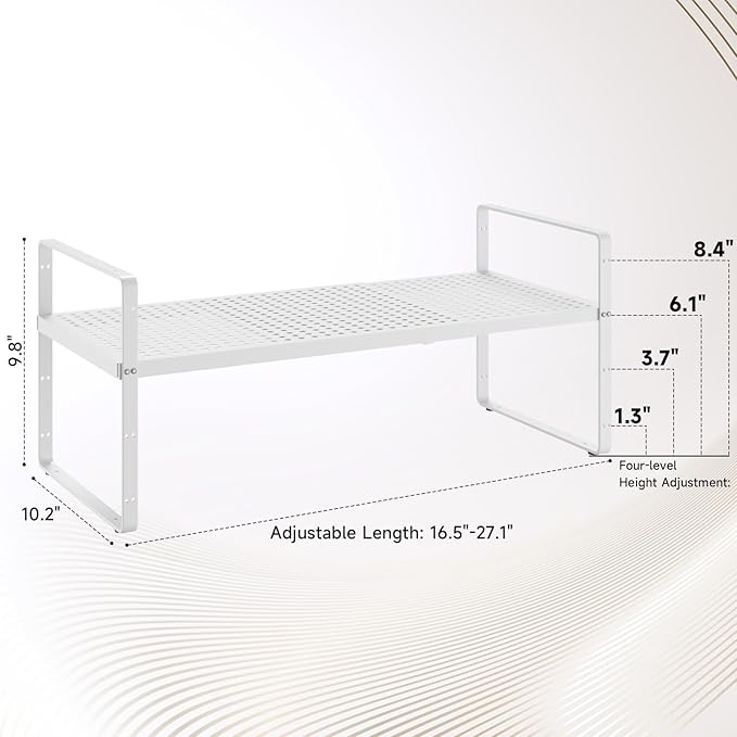 Hole Pattern Expandable Shelf Organizer,1Pack 10.2" Wide Easy to Assemble Cabinet Organizer Shelf, 16.5~27.1" Adjustable Height&Stackable Spice Organization for Cupboard, White-Ruum Studio Home