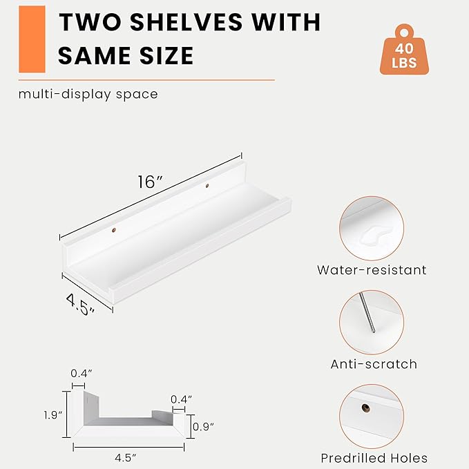 Heimlove Picture Ledge Shelf, Floating Shelves Set of 2, 16 Inches Picture Shelf for Wall with Ledge, Kids Bookshelf Wall Mounted for Living Room Bedroom Decor Books Photo Frames - White-Ruum Studio Home