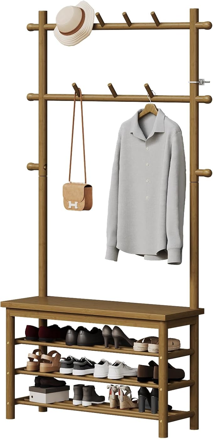 Bamboo Hall Tree with 13 Hook, 6-in-1 Entryway Bench with Coat Rack Freestanding, Coat Rack with Shoe Storage Bench Organizer for Mudroom, Bedroom, All-in-One Shoe Rack,Walnut-Ruum Studio Home