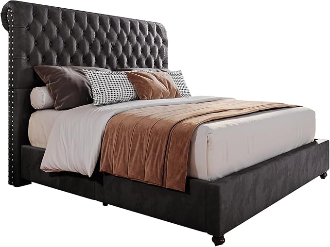 PaPaJet Bed Frame Queen Size Upholstered Platform Bed with 52.8'' Tall Sleigh Headboard, Button Tufted, No Box Spring Needed, Easy Assembly, Dark Grey-Ruum Studio Home
