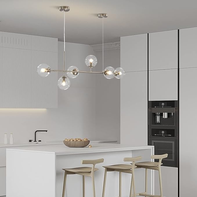 KCO Lighting 6 Light Bubble Glass Pendant Light Mid Century Modern Globe Sputnik Chandelier Linear Chandelier Lighting Brushed Nickel Hanging Light Fixture for Kitchen Island Dining Room-Ruum Studio Home