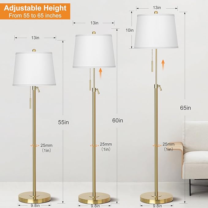 Gold Floor Lamp for Living Room, Tall Standing Lamp 55-65" Adjustable Modern Brass Floor Lamps for Bedroom Reading Office Kids 3 Color Lights Corner Night Stand (9W LED Bulb, White Shade)-Ruum Studio Home