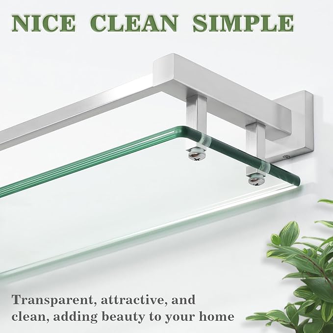 Alise Bathroom Glass Shelf with Stainless Steel Railing, Brushed Nickel Small Tempered Glass Floating Wall Shelf Over The Toilet, 16 inch-Ruum Studio Home
