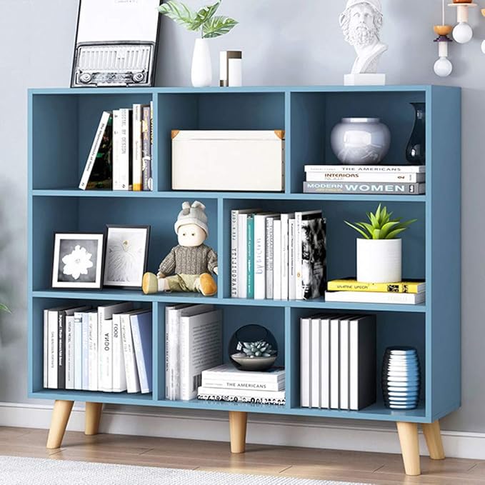 IOTXY Wooden Open Shelf Bookcase - 3-Tier Floorstanding Display Cabinet Rack with Legs, 8 Cubes Free Standing Bookshelf, Bright Blue-Ruum Studio Home