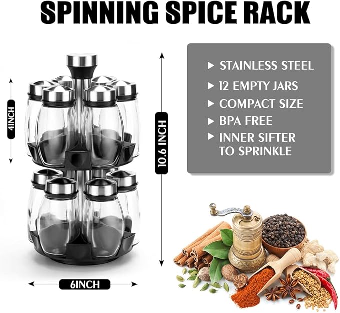 Revolving Spice Rack Organizer Countertop, Spinning Spice Storage Rack Tower Organizer with 12 Empty Jars, Rotating Spice Holder Shelf Seasoning Rack Shelf, Spice Seasoning Bottle Organizer-Ruum Studio Home