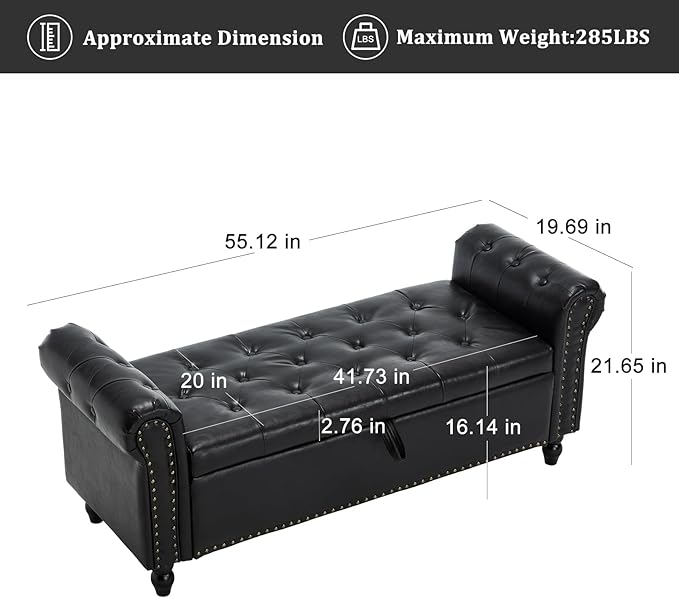 Furniliving 55” End of Bed Bench, Bedroom Bench with Button-Tufted, Large Upholstered Storage Ottoman Benches Entryway Bench with Storage Shoe Cabinet Bench, for Bedroom, Living Room, PU, Black-Ruum Studio Home