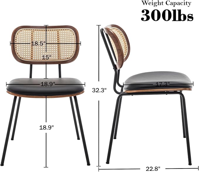 Rattan Dining Chairs Set of 4, Mid Century Modern Dining Chairs with Cane Back for Kitchen Dining Room, 19 Inch Faux Leather Black-Ruum Studio Home