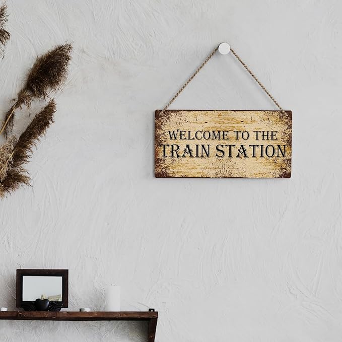 SENJIAN Rustic Train Station Wood Decor Sign, Retro Welcome to the Train Station Printed Wood Sign Wall Art, Hanging Door Sign, Decorative Wood Sign Home Decor 12" x 6"-Ruum Studio Home