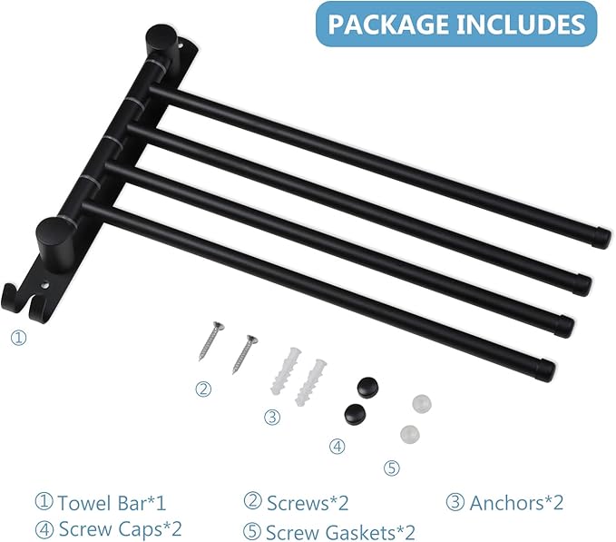 Black Towel Rack JSVER Swivel Towel Rack Wall Mounted, SUS304 Stainless Steel Towel Bar, 4 Arms Space Saving Towel Holder, Towel Racks for Bathroom-Ruum Studio Home
