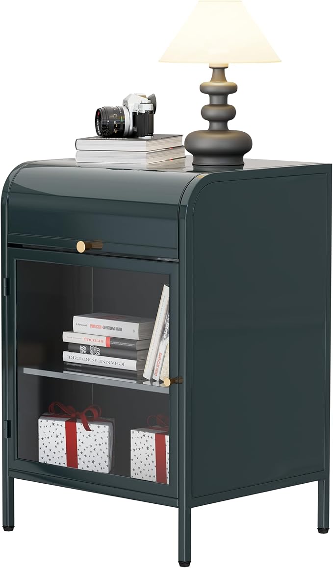 Modern Metal Side Tables, End Tables with Glass Door, 2-Tier Nightstands with Storage Shelves, Accent Table, Slim Sofa Table for Living Room, Bedroom (1, Green)-Ruum Studio Home