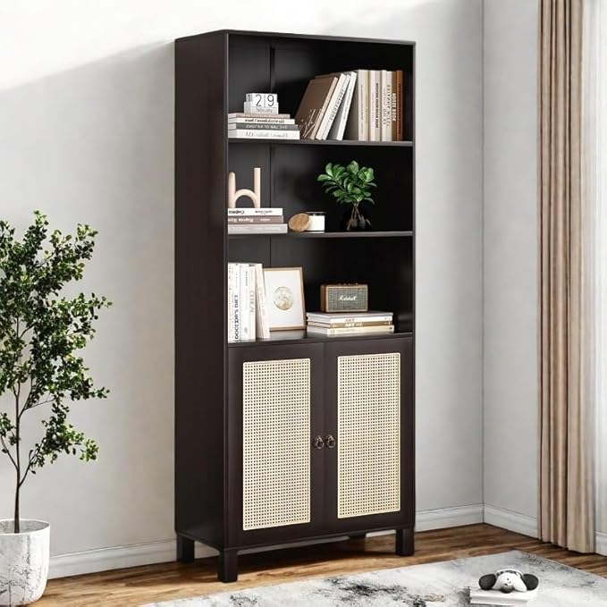 Tall Bookshelf, 5-Tier Book Shelf with 2 Rattan Doors, Freestanding Bookcase Display Shelves with Large Storage, Book Case for Living Room, Office, Study, Bedroom, 70.9 Inch-Ruum Studio Home