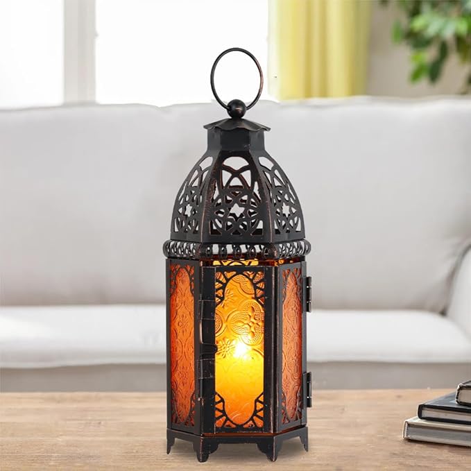 NEEDOMO 11'' Moroccan Lanterns Decorative Indoor & Outdoor, Vintage Christmas Candle Holder, Metal Lanterns Decorative, Table, Patio, Porch, Shelf, Christmas Spring Halloween Home Decor (Amber)-Ruum Studio Home