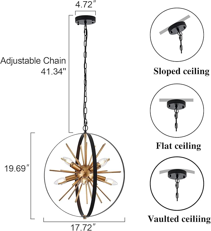 17.72'' Black Gold 8-Light Globe Sputnik Chandelier Modern Industrial Adjustable Hanging Ceiling Firework Pendant Light Fixture for Entryway Stairway Kitchen Dining Living Room Hallway-Ruum Studio Home