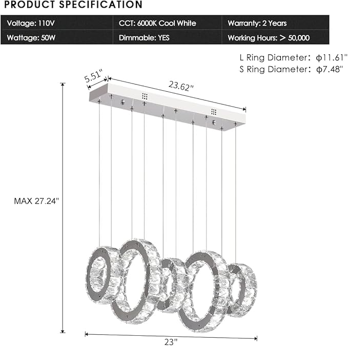 Buccleuch Modern Crystal Chandelier, Dimmable LED Ceiling Light Fixture 5-Ring Adjustable Stainless Steel Pendant Light, Silver Crystal Chandeliers for Dining Room, Bedroom, Living Room - Cool White-Ruum Studio Home