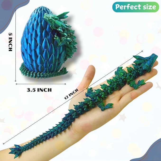 POIVOCF3D Printed 12” Articulated Crystal Dragon Inside 5.1” Egg – Fantasy Collectible, Fidget Toy & Stocking Easter Basket Stuffers for Home & Office Decor (Laser Blue)-Ruum Studio Home
