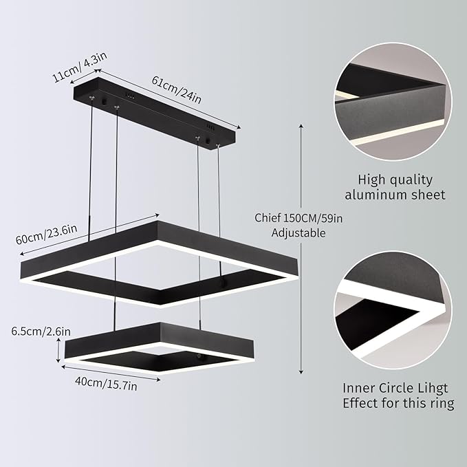 Modern Led Rectangle Chandelier for Dining Room, Dimmable Black Modern Chandelier with Remote, Adjustable Foyer Lighting Fixture-Ruum Studio Home