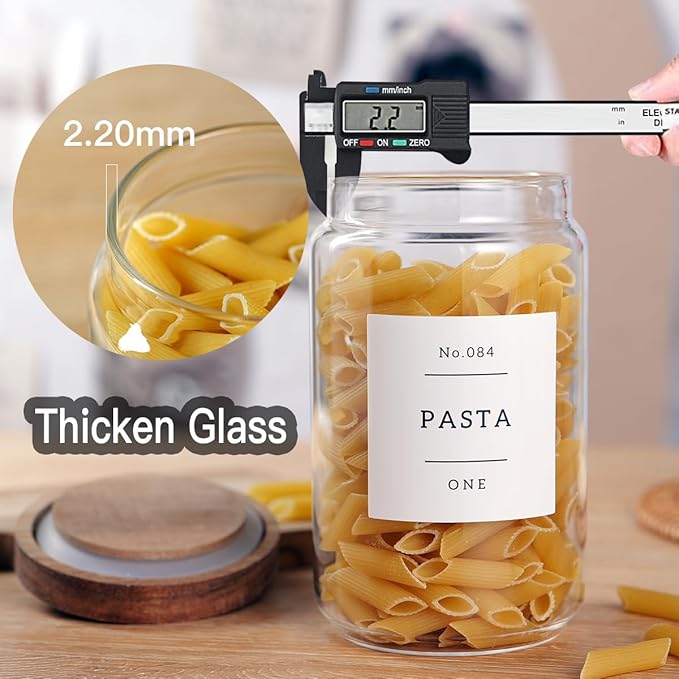 6 Set Glass Pantry Storage Jars with Acacia Airtight Lid - 23oz Thicken Glass Kitchen Canisters with 132 Pantry Labels - Clear Glass Food Storage Containers with Wood Lid for Tea,Sugar,Cookie,Coffee-Ruum Studio Home