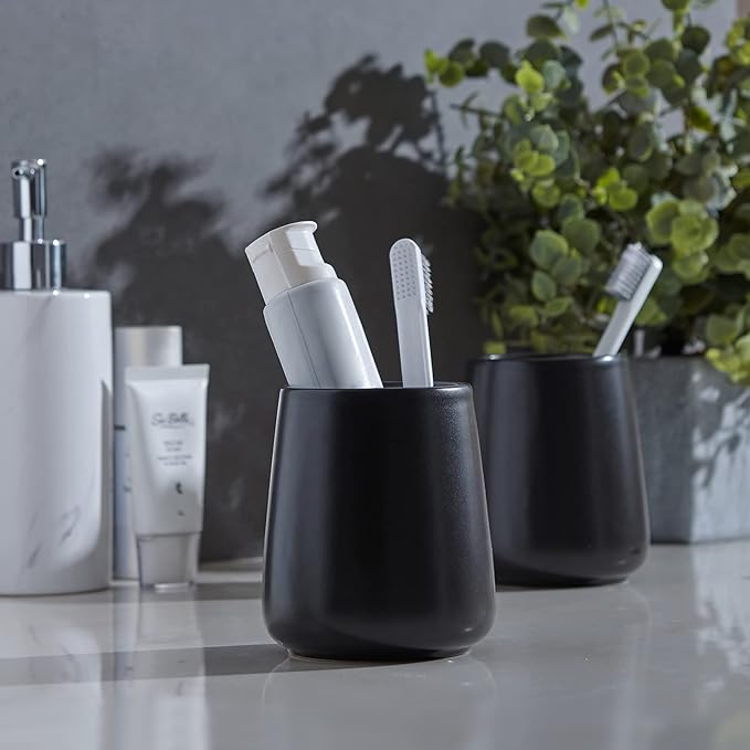 Matte Black Toothbrush Holders for Bathroom - 2Pcs Ceramic Tooth Brushing Holder Set, Toothpaste Holder, Reusable Toothbrush Mouthwash Cups, Space-Saving Design for Bathroom Countertop-Ruum Studio Home