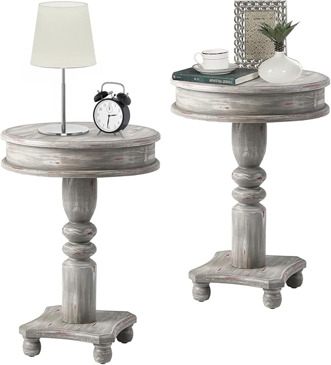 COSIEST Set of 2 Rustic Accent Side Table, Farmhouse Wood Pedestal Table Round End Table for Living Room, Bedroom, Distressed Whitewash Finish, Grey Color-Ruum Studio Home